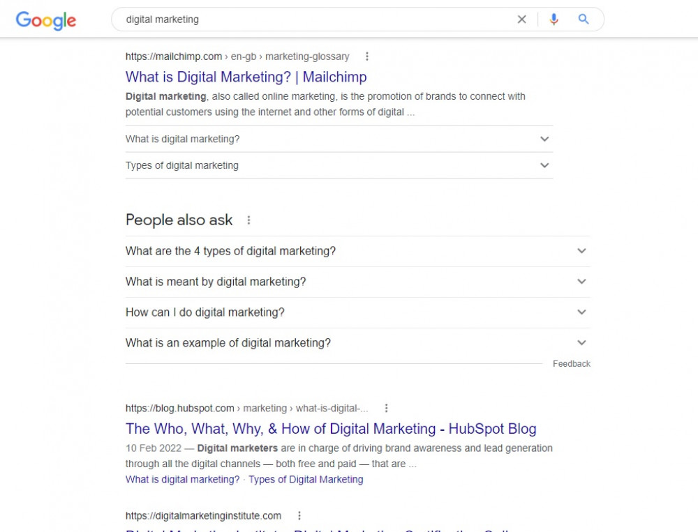 Search Engine Results Page Screenshot for the term "Digital Marketing"